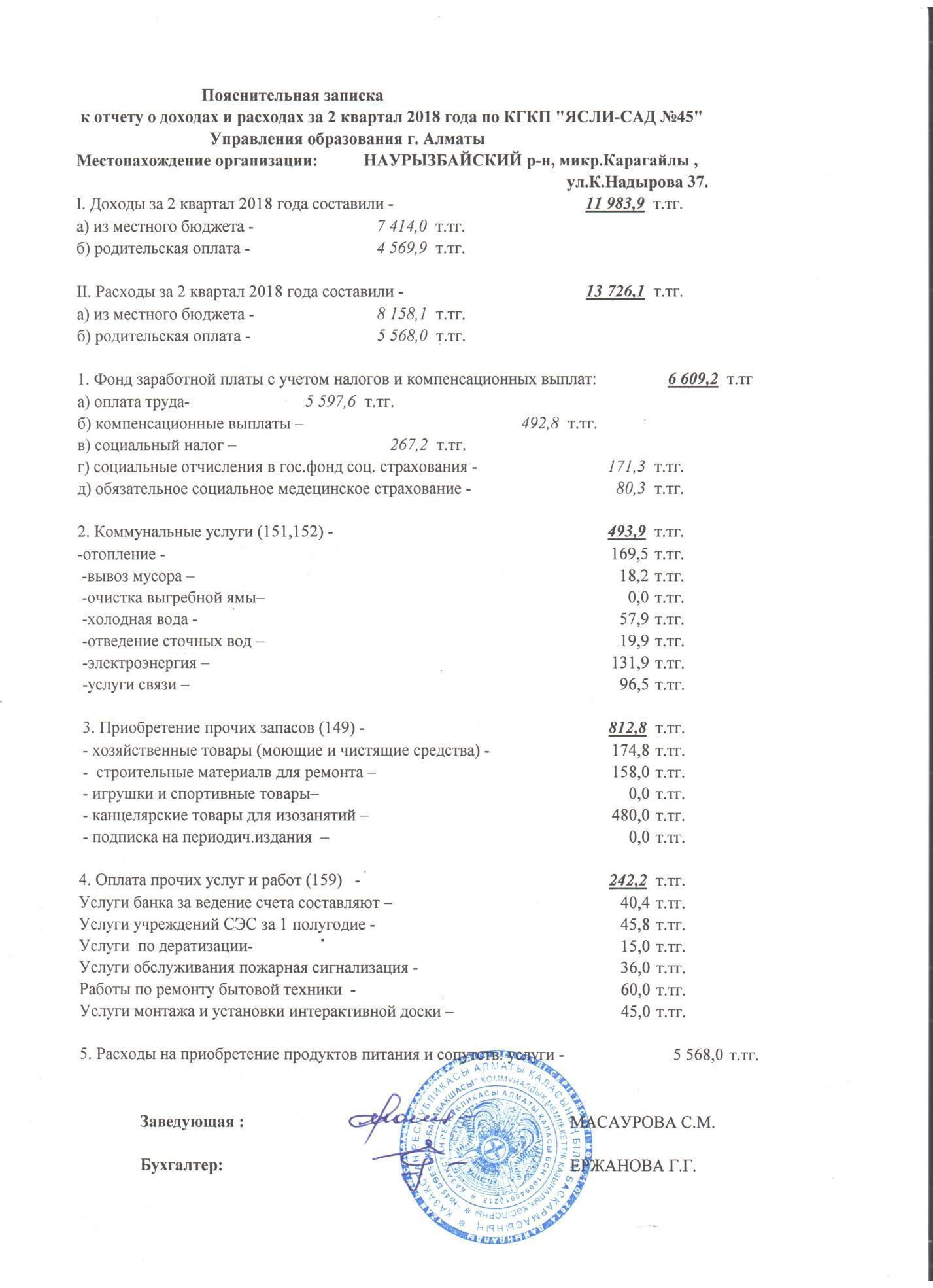Отчет о доходах и расходах за 2 квартал 2018 г.